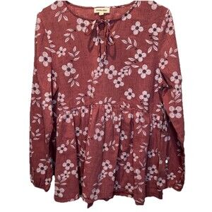 Hidden Alley Floral Tie Baby Doll Long Sleeve‎ Womens Top L Boho Peasant